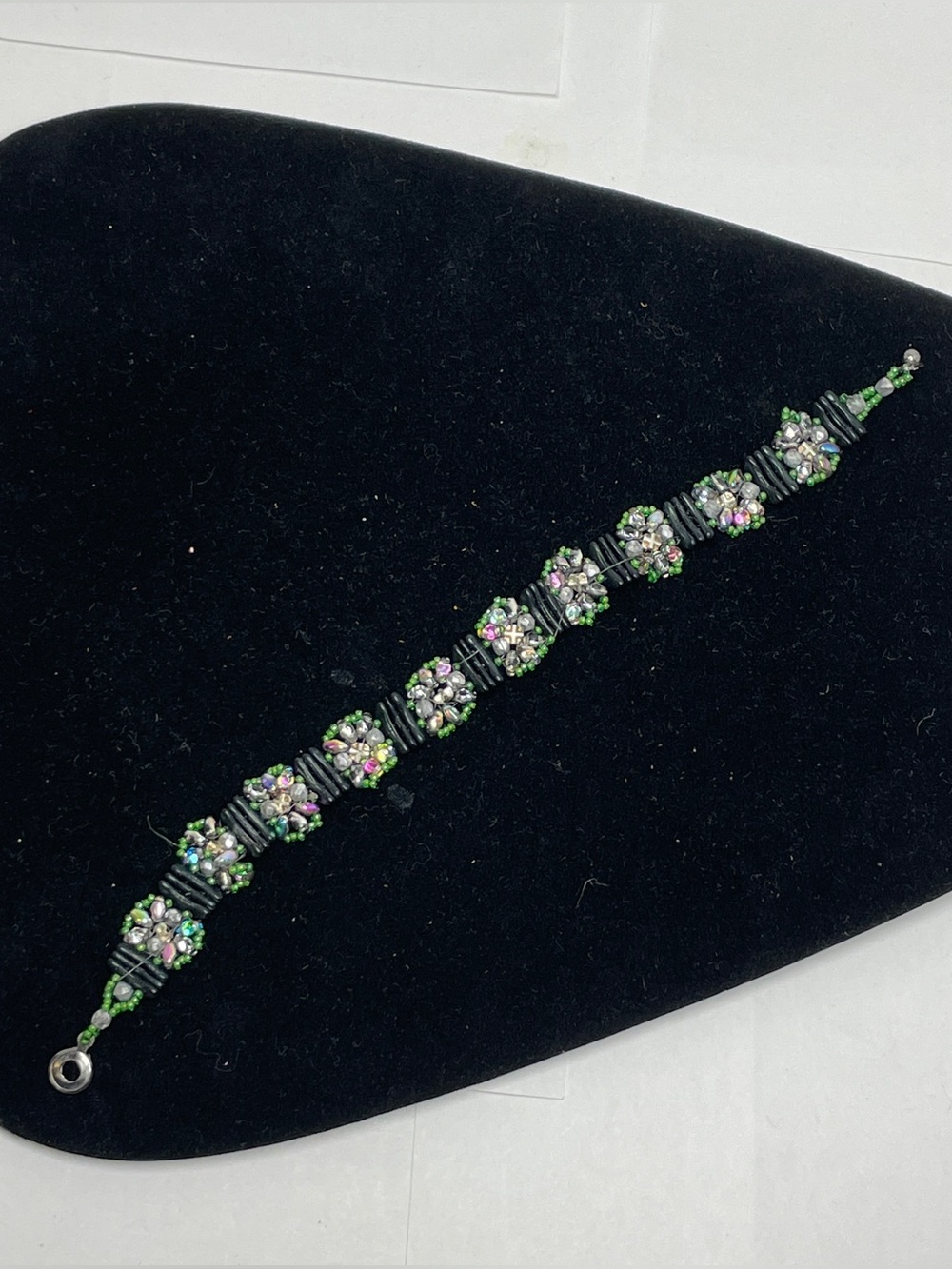 Artisan Woven Beaded Cuff Bracelet Peacock Colors Iridescent 8” Ball Clasp